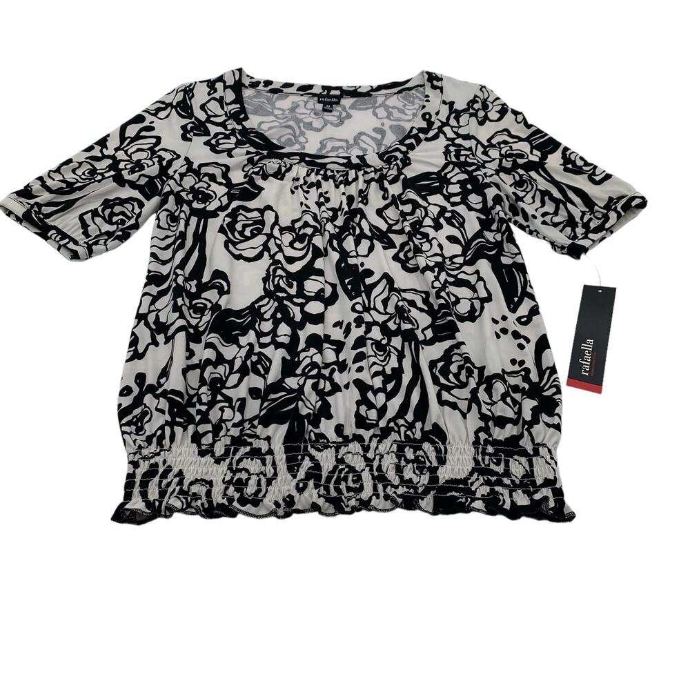 Rafaella Blouse Women's Medium Black & White Allover Print Cinched Waist Stretch